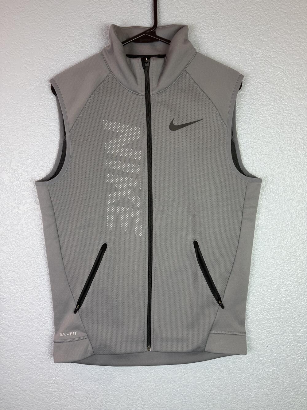 Nike Vest Mens Small Gray Dri-FIT Full Zip Training Running Swoosh Pockets